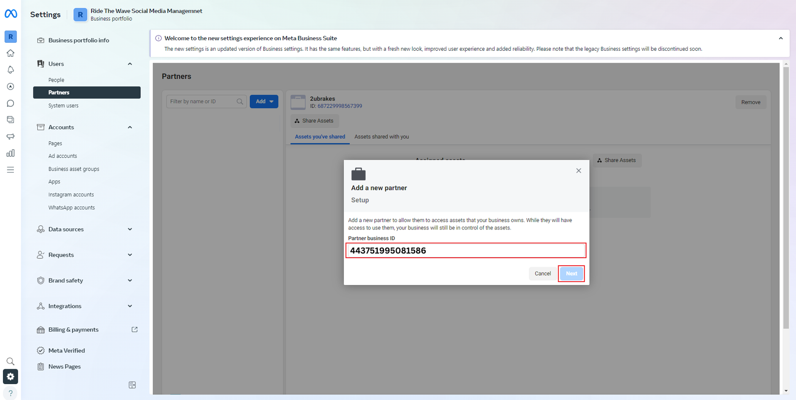 Enter Partner Business ID